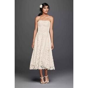 Galina Floral Cutout Eyelet Lace Tea Length Strapless Wedding Reception Dress-2